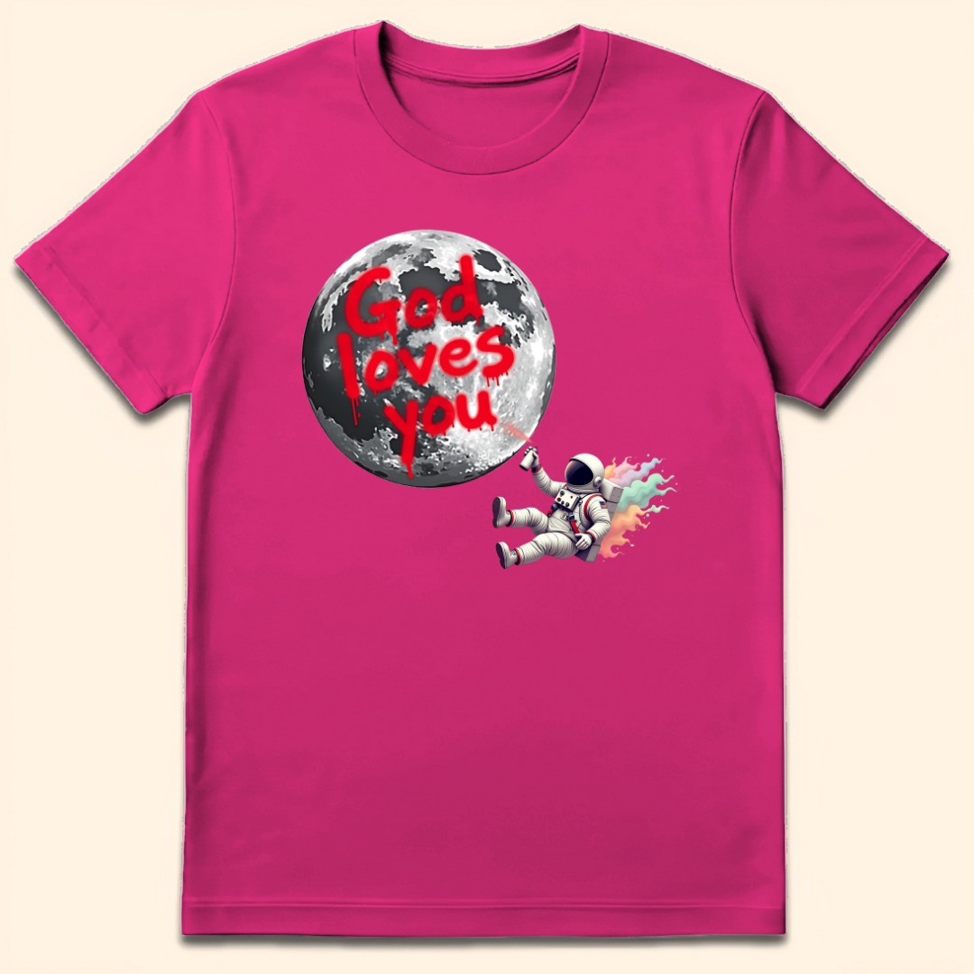 God Loves You Moon Graffiti T-Shirt Heliconia