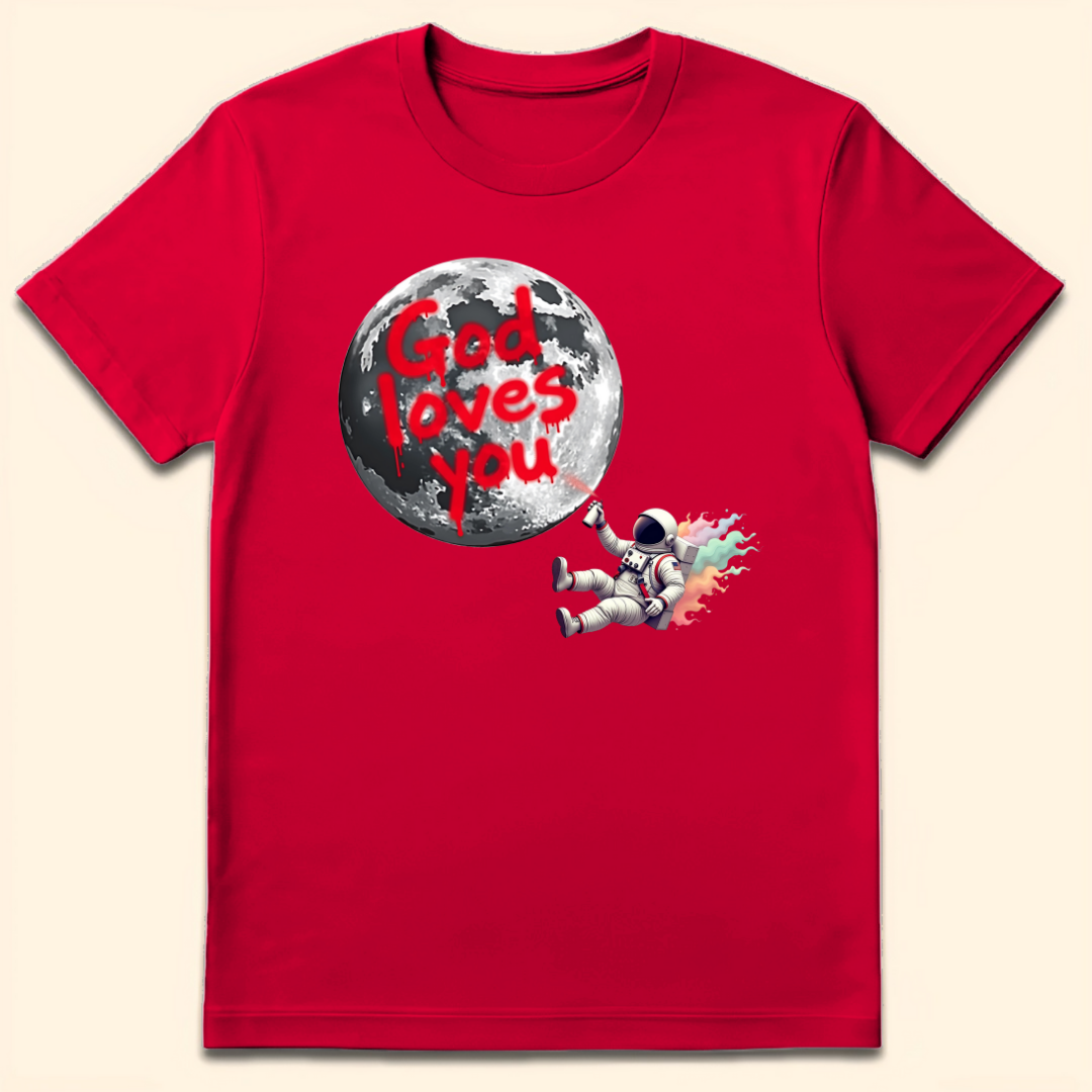 God Loves You Moon Graffiti T-Shirt Red