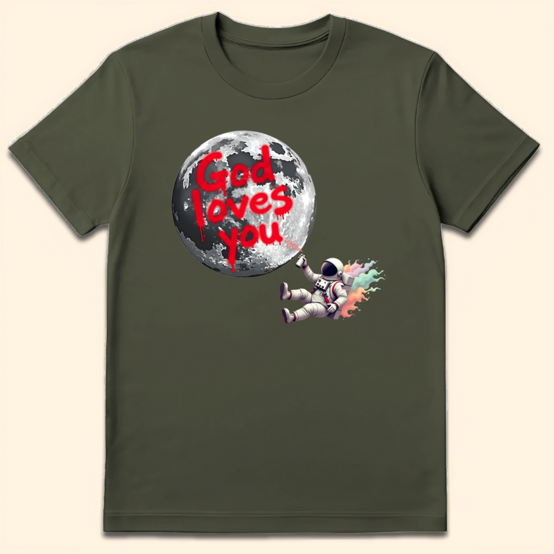 God Loves You Moon Graffiti T-Shirt Military Green