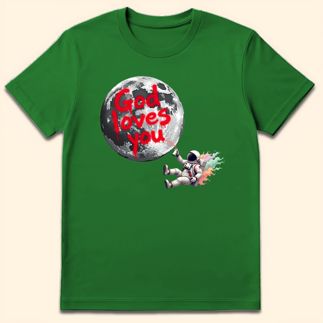 God Loves You Moon Graffiti T-Shirt Irish Green